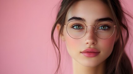 Close-up of young woman with soft features, brown hair and pink-tinted glasses, dressed in pastel pink shirt. Monochrome pink background as symbol of anti-bullying for Pink Shirt Day with text space
