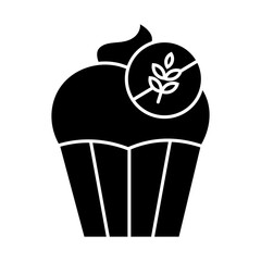 Glyph icon cupcake with gluten-free logo. Highlight the concept of healthy and gluten-free desserts.