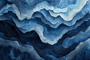 Obraz premium Abstract art depicting layered, flowing blue mountains, creating a serene and textured landscape.