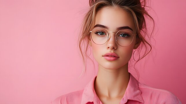 Elegant young woman with delicate features wearing thin gold-rimmed glasses and pink striped shirt standing on pink background. Pink Shirt Day and anti-bullying awareness with copy space