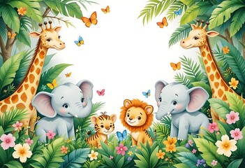 Naklejka premium Cartoon illustration of a frame with wild animals, flowers, and birds in a spring nature design, perfect for Easter, birthday, or holiday cards