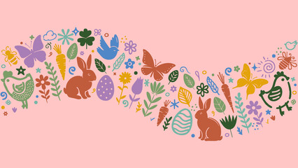 Easter-themed line with various colorful elements on a pink background. Pink background featuring a wavy line of Easter elements like bunnies, eggs, and flowers