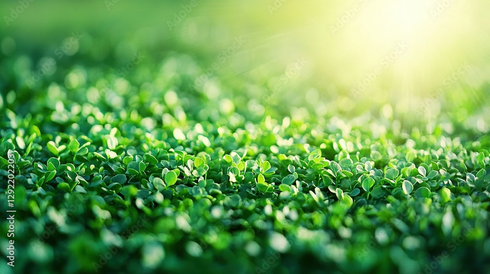 Poster a close-up of a patch of grass with sunlight filtering through the leafy canopy above it