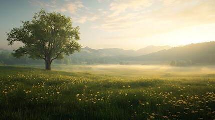 Fototapeta premium Rolling hills and misty valleys in a sunrise scene high resolution picture