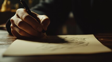 Person writing on a piece of paper in dim lighting with a focused expression in a cozy indoor setting. Generative AI
