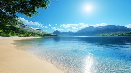 Fototapeta premium Peaceful sandy beach with calm ocean and sunshine high resolution picture