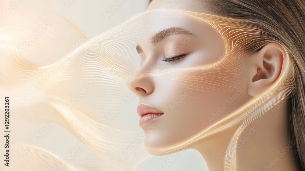 Poster Golden lines flow gracefully around a young womans face representing Botox lifting effect in a serene setting. Generative AI