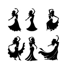Set of minimalist silhouettes of women performing belly dance.