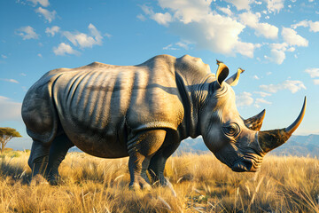 Obraz premium Serene Rhinoceros Grazing in the Tranquil Savannah Landscape