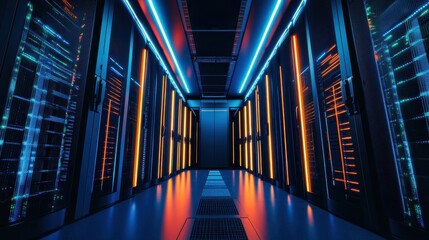 Fototapeta premium Sci-fi corridor with blue and orange neon lights, futuristic concept