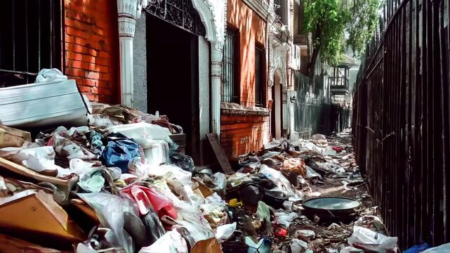 a walk along a narrow street in the city center completely littered with garbage