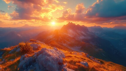 Fototapeta premium Golden Sunrise Over Majestic Mountain Range in Serene Desert Landscape