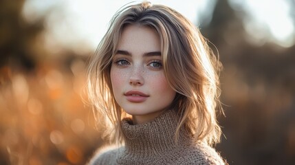 Naklejka premium Caucasian young female in autumn field with blonde hair and sweater