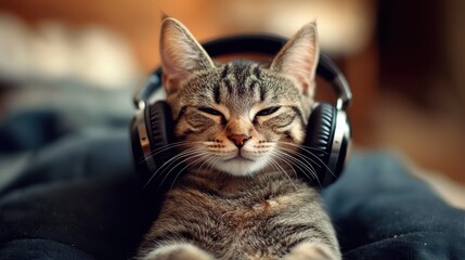 Relaxed tabby cat enjoying music with headphones
