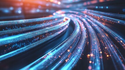 A high-tech visualization of glowing nanofiber cables transferring data through an advanced network infrastructure, symbolizing speed and digital connectivity.  
