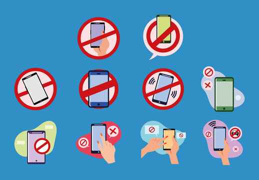 Colorful Prohibited No Smartphone Warning Signs Illustration Set