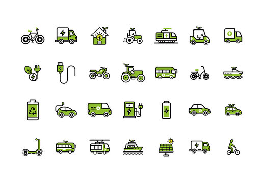 Green Black Electric Eco Friendly Mobility Icons Set