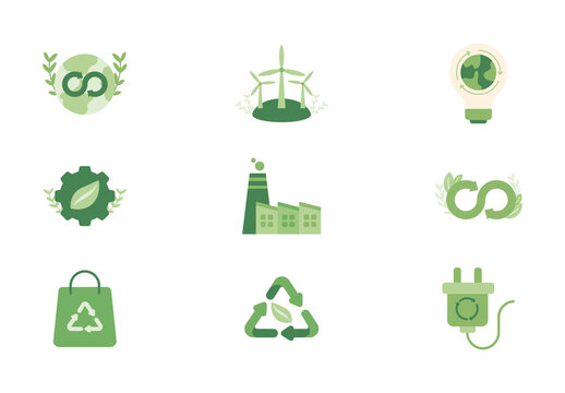 Green Circular Economy Sustainability Recycling Icons Set