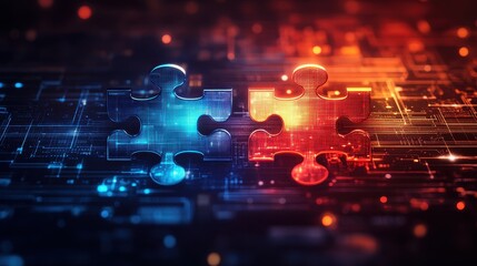 Obraz premium Two connected puzzle pieces on digital circuit board background with red and blue glow
