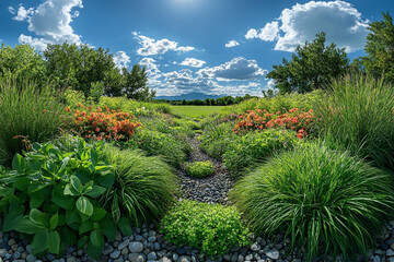 Serene garden path with vibrant flowers leading to distant mountains