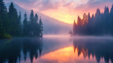 Fototapeta premium Serene mountain lake at sunrise with mist and reflective water