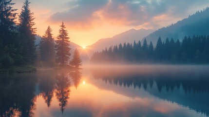 Serene sunrise over misty lake with reflective pine forest and mountains