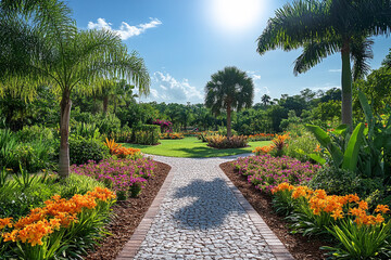 Fototapeta premium Botanical garden pathway bathed in sunlight and floral brilliance