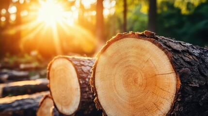 Warm close-up of freshly cut tree logs in golden sunlight