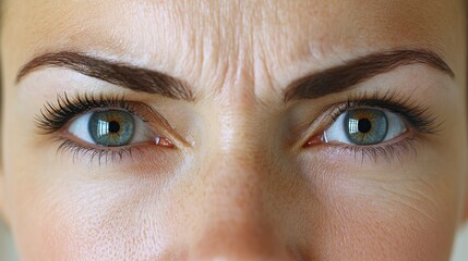 Naklejka premium Close-up of caucasian female adult with intense blue eyes and freckled skin expression