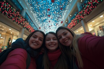 Naklejka premium Friends grinning from ear to ear, their arms laden with shopping bags, posing for selfies