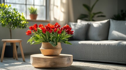 Sunlit living room with red tulips in woven basket decor