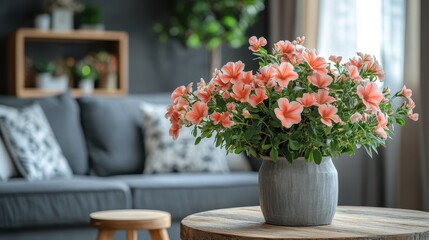 Blooming pink flowers in pot on wooden table in modern living room