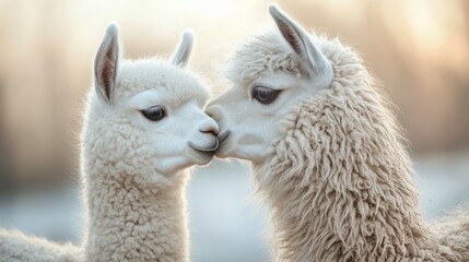 Fototapeta premium Adorable llama pair nuzzling in serene pasture