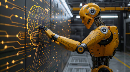 Yellow robot in industrial setting in front of an interactive panel.