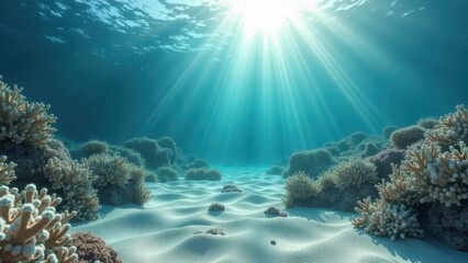 Obraz premium Sunlit sandy ocean floor with sparse coral affected by bleaching and climate change 