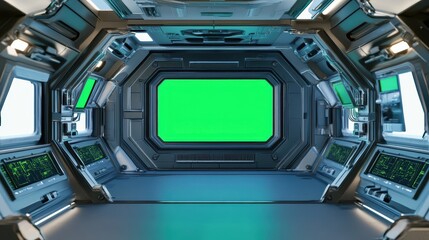 Futuristic spaceship interior featuring green screen monitors and windows, ideal for space travel visualizations
