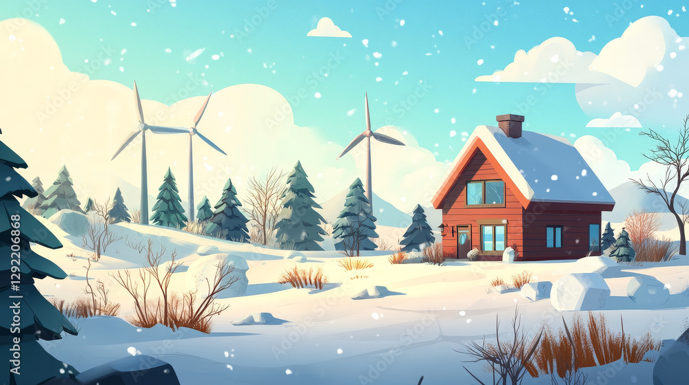 Poster parallax background winter 2d landscape with house and wind turbines. cartoon vector scene with sepa