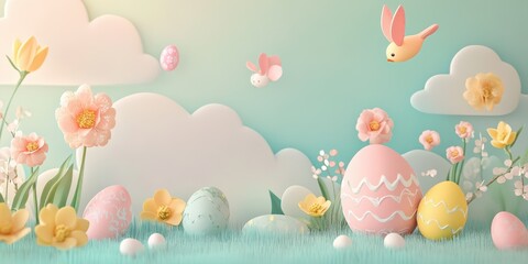 Easter themed background with eggs clouds flowers and flying animals