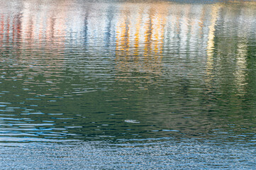 Colorful facades reflected in the water in a port