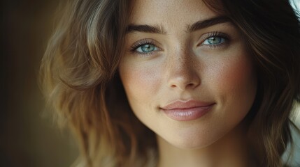Obraz premium Young caucasian female with freckles and blue eyes smiling close-up portrait