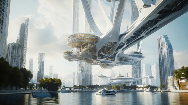 Futuristic City Under Massive Hovering Structure with Advanced Technology