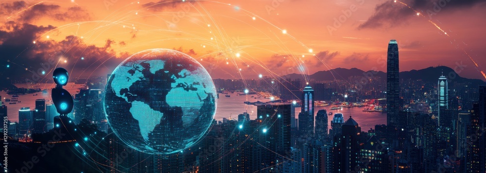 Poster digital technology and global network concept with a digital world map on a city background, using d