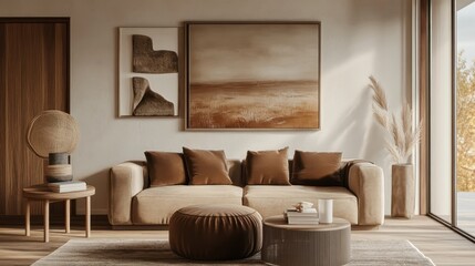 A stylish living room interior in warm brown tones, featuring a minimalist design with contemporary furniture, creating a cozy and elegant home atmosphere.  
