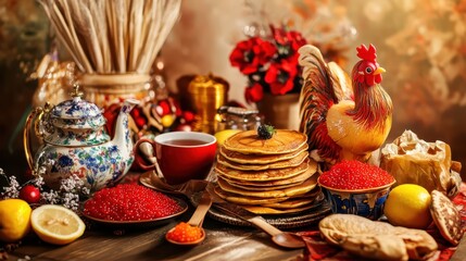 Russian traditions. Russian holiday Maslenitsa. Still life with a cup of tea, a stack of pancake