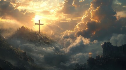 Majestic cross in mystical cloudscape at sunset with dramatic sky