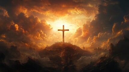 Fototapeta premium Dramatic sunset over mountain cross with glowing clouds and mystical landscape
