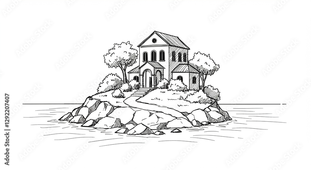 Poster island house sketch architecture: house on an island with trees and rocks in sketch style. the house
