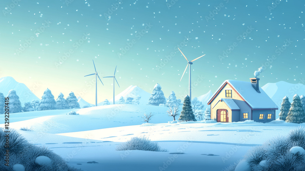 Poster parallax background winter 2d landscape with house and wind turbines. cartoon vector scene with sepa