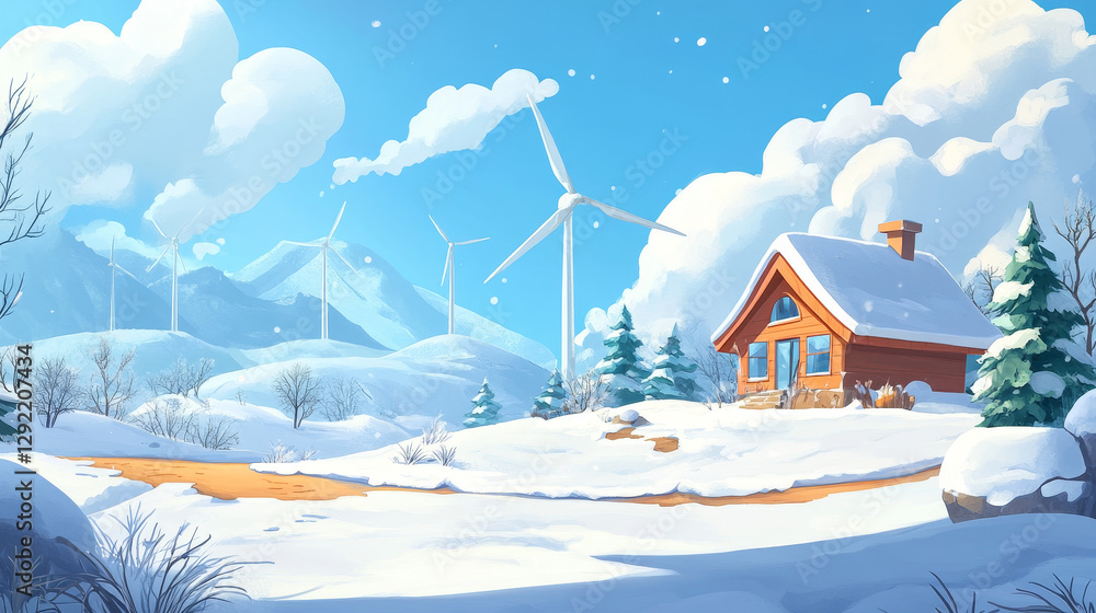 Poster parallax background winter 2d landscape with house and wind turbines. cartoon vector scene with sepa