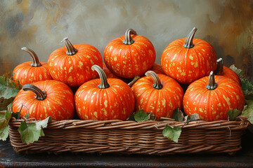 Obraz premium Autumn's Abundance, A Basket of Vibrant Speckled Pumpkins Gathering